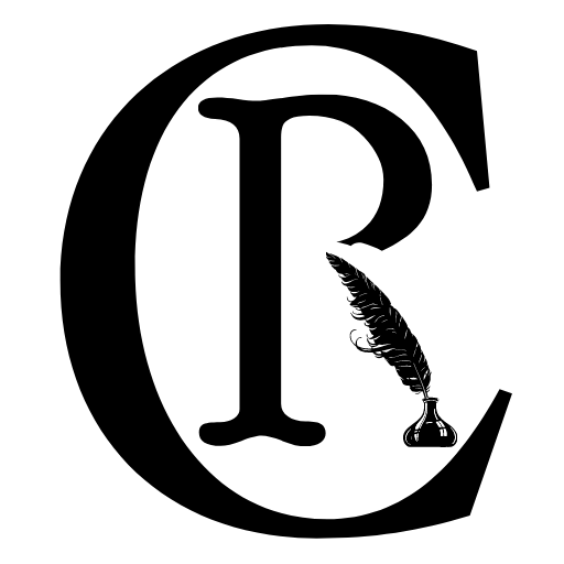 Large letter C with the letter R nestled within. The bottom diagonal stroke of the letter R is a quill in a pot of ink.