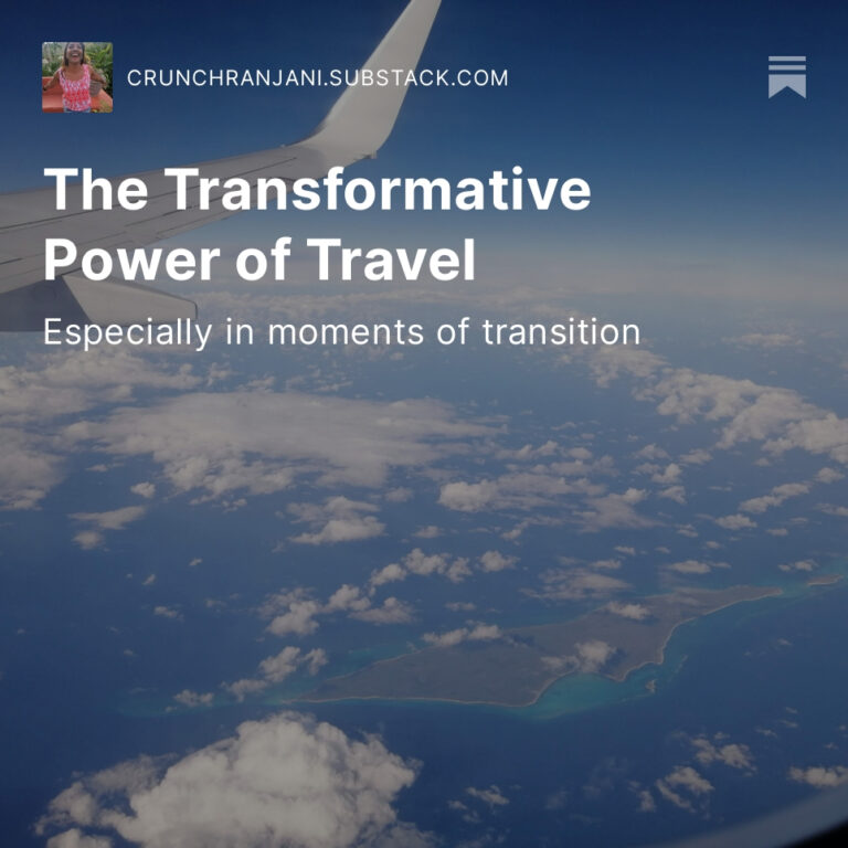 Background of airplane wing overlooking clouds and the ocean with a small island below. White text over top reads "The Transformative Power of Travel - especially in moments of transition"